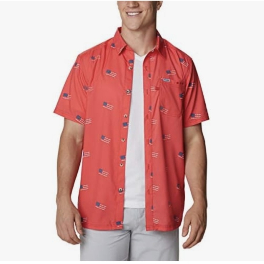 COLUMBIA Slack Tide Red Spark Flag Camp Shirt LG Red & Flag Print BNWT RETIRED